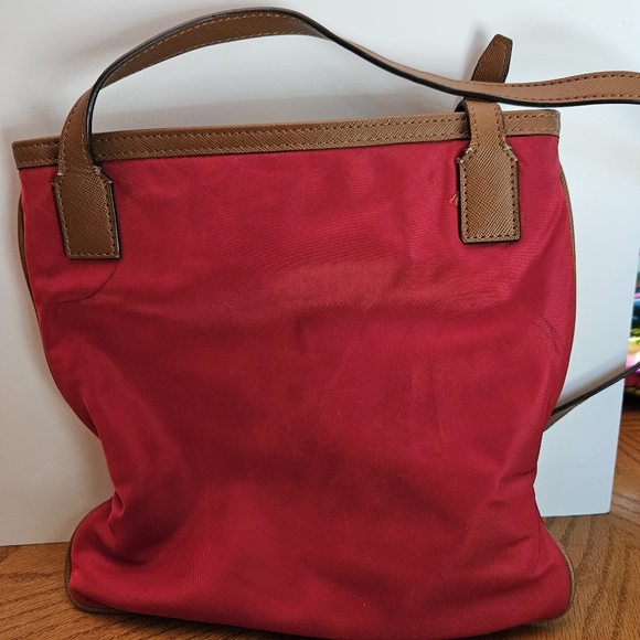 Michael Kors Red Nylon & Brown Slim Crossbody Shoulder Bag Purse Handbag - Picture 4 of 7